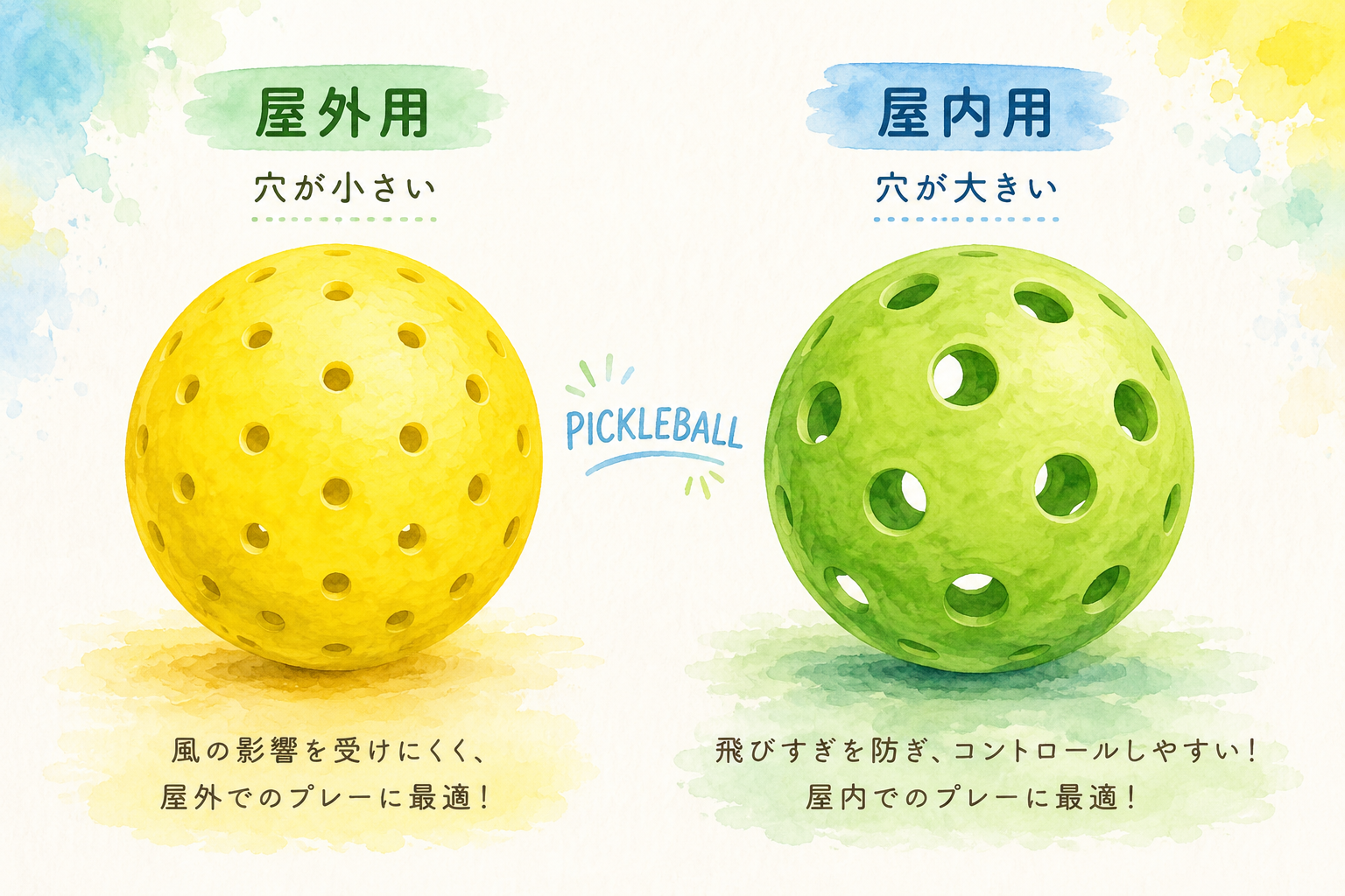屋外用と屋内用のピックルボールのボール