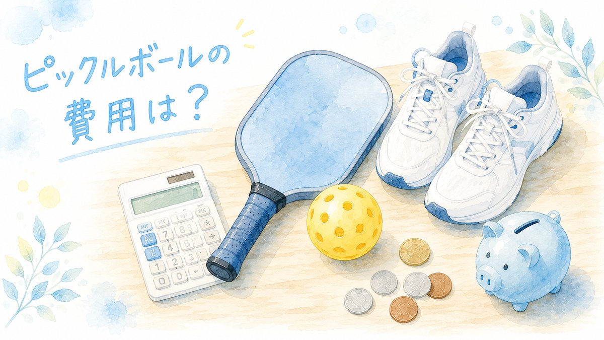ピックルボールを始める費用のイメージ（パドル・ボール・シューズ・電卓・貯金箱）