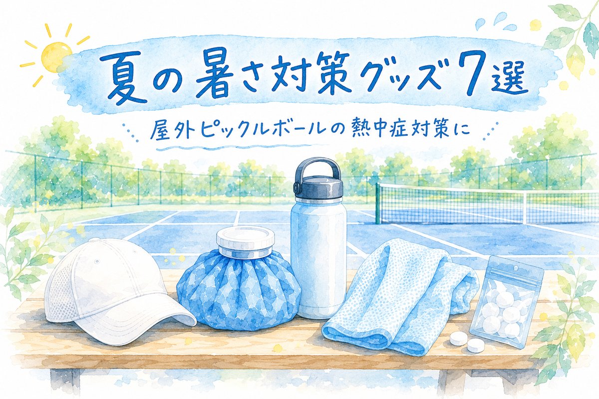 夏の暑さ対策グッズ7選 屋外ピックルボールの熱中症対策（帽子・氷のう・保冷ボトル・冷感タオル・塩分タブレット）