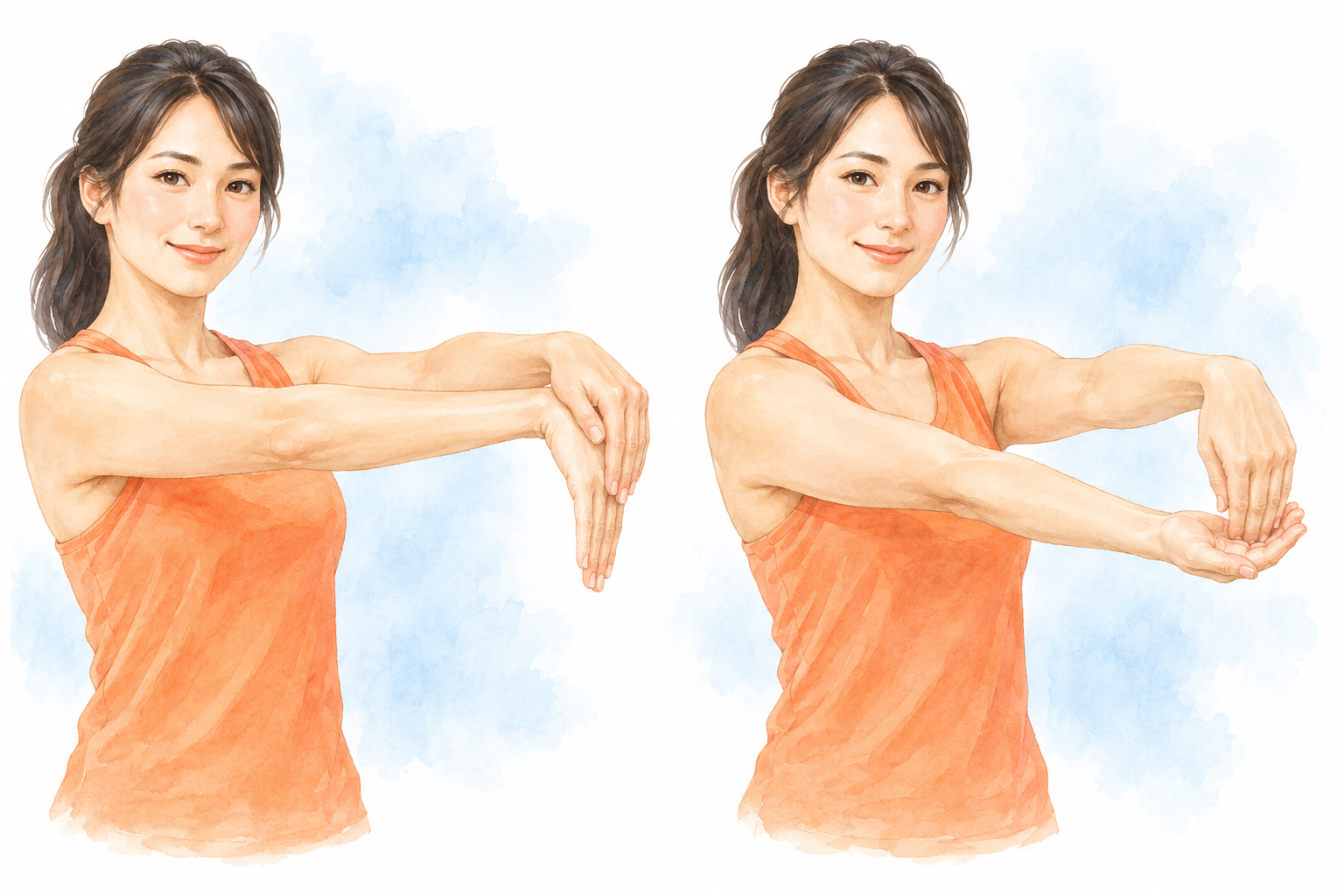 手首と前腕をストレッチする2つのポーズを示すイラスト