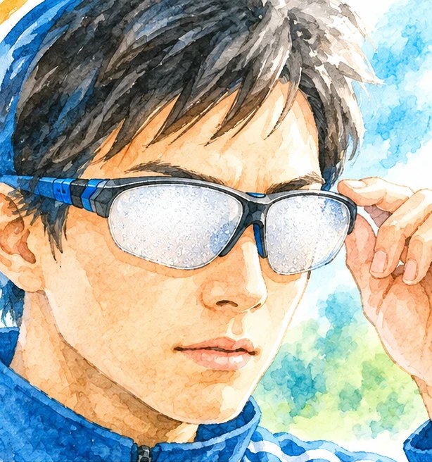 保護メガネのレンズが湿気でくもっているイメージのイラスト